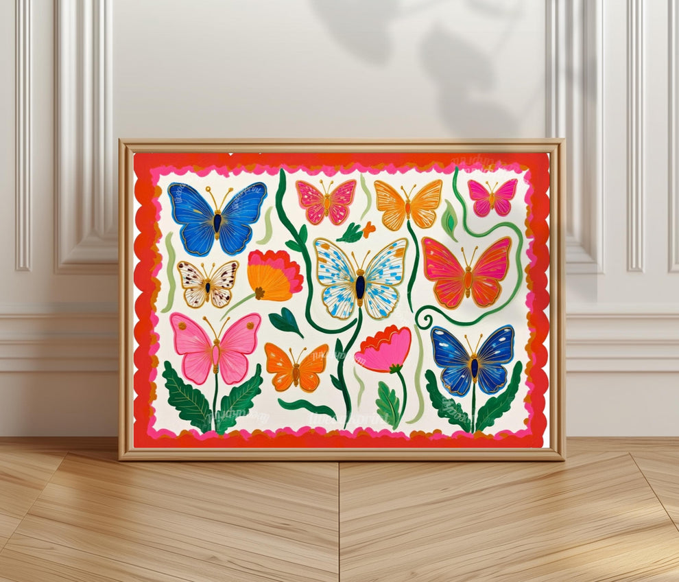 Horizontal Butterfly Wall Art – Yellow and Pink Floral Print – Whimsical Cottagecore Home Decor
