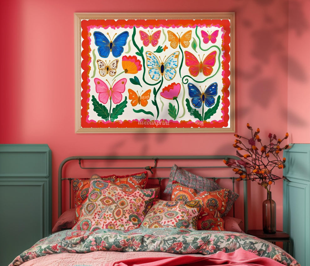 Horizontal Butterfly Wall Art – Yellow and Pink Floral Print – Whimsical Cottagecore Home Decor