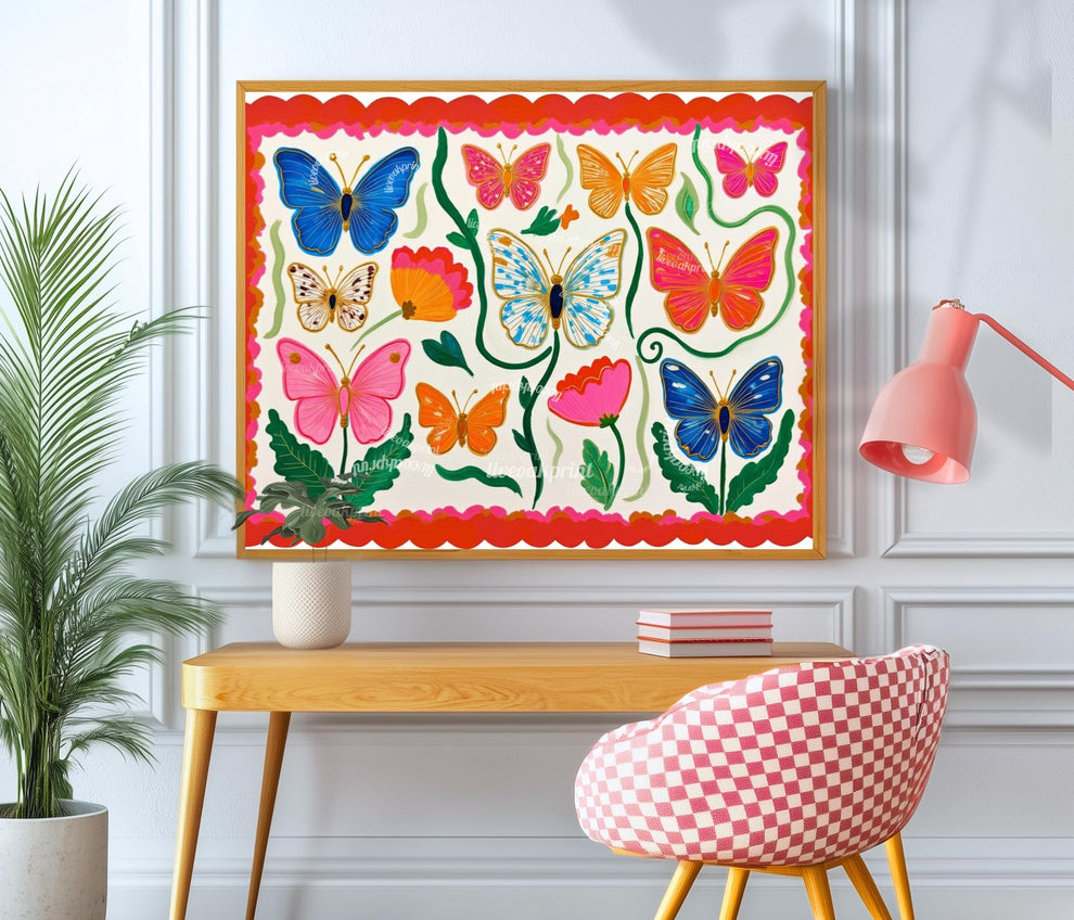 Horizontal Butterfly Wall Art – Yellow and Pink Floral Print – Whimsical Cottagecore Home Decor