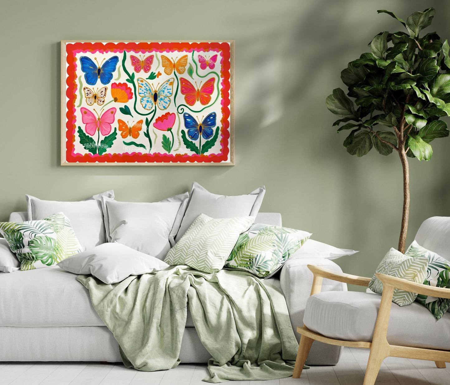 Horizontal Butterfly Wall Art – Yellow and Pink Floral Print – Whimsical Cottagecore Home Decor