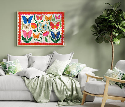 Horizontal Butterfly Wall Art – Yellow and Pink Floral Print – Whimsical Cottagecore Home Decor