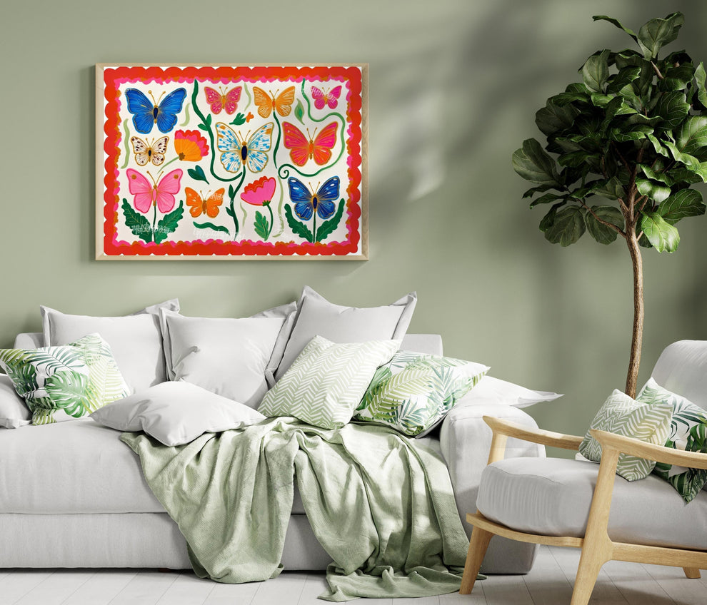 Horizontal Butterfly Wall Art – Yellow and Pink Floral Print – Whimsical Cottagecore Home Decor