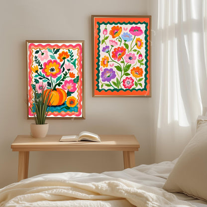 Pumpkin Wall Art – Colorful Folk Art Floral Print – Autumn Cottagecore Home Decor