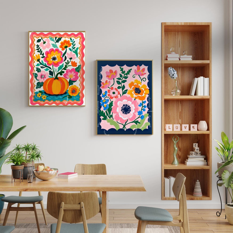 Pumpkin Wall Art – Colorful Folk Art Floral Print – Autumn Cottagecore Home Decor
