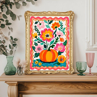 Pumpkin Wall Art – Colorful Folk Art Floral Print – Autumn Cottagecore Home Decor