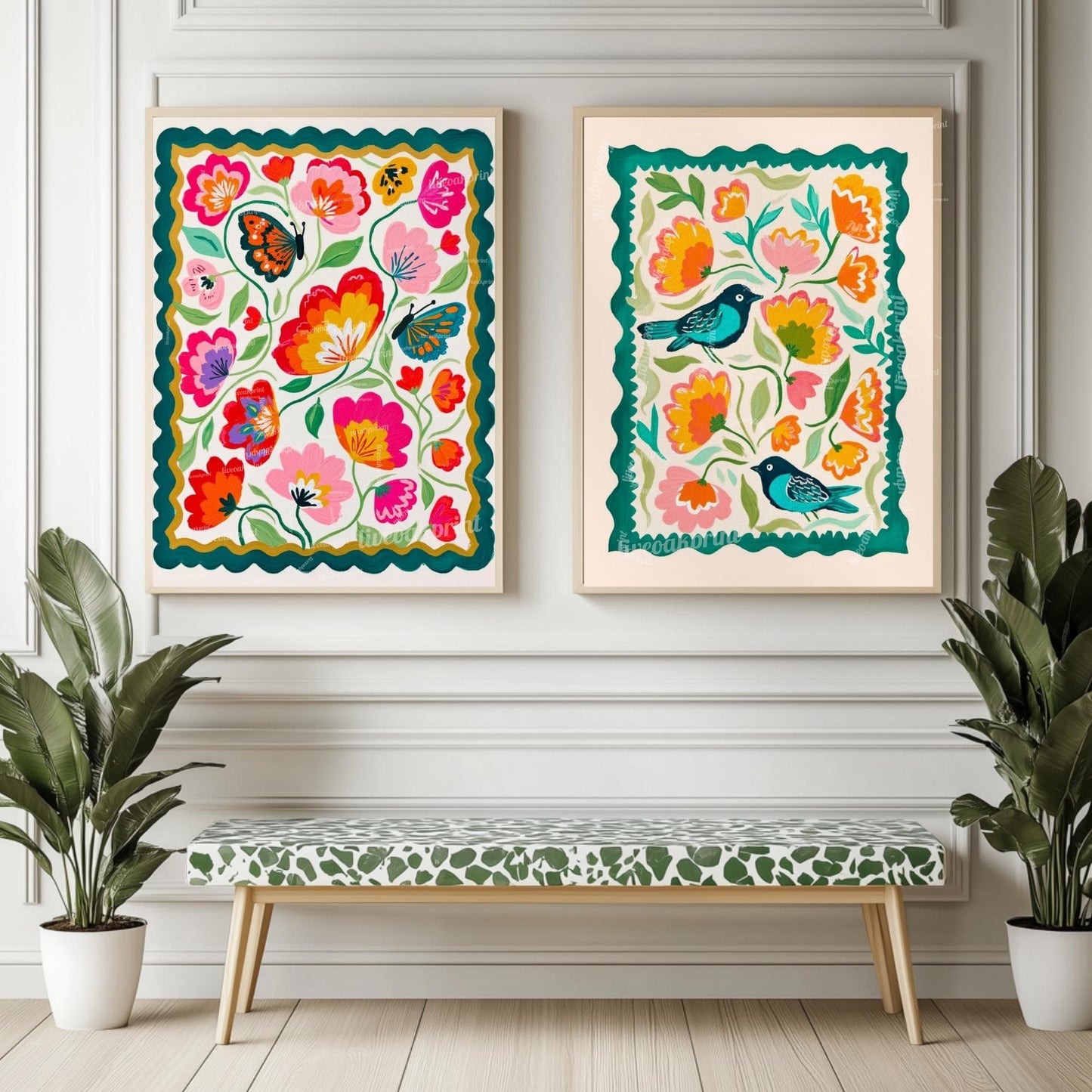 Bird Wall Art – Colorful Folk Art Floral Print – Funky Bird Wall Decor - Blue Wall Art For Kitchen