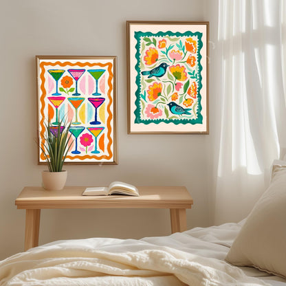 Bird Wall Art – Colorful Folk Art Floral Print – Funky Bird Wall Decor