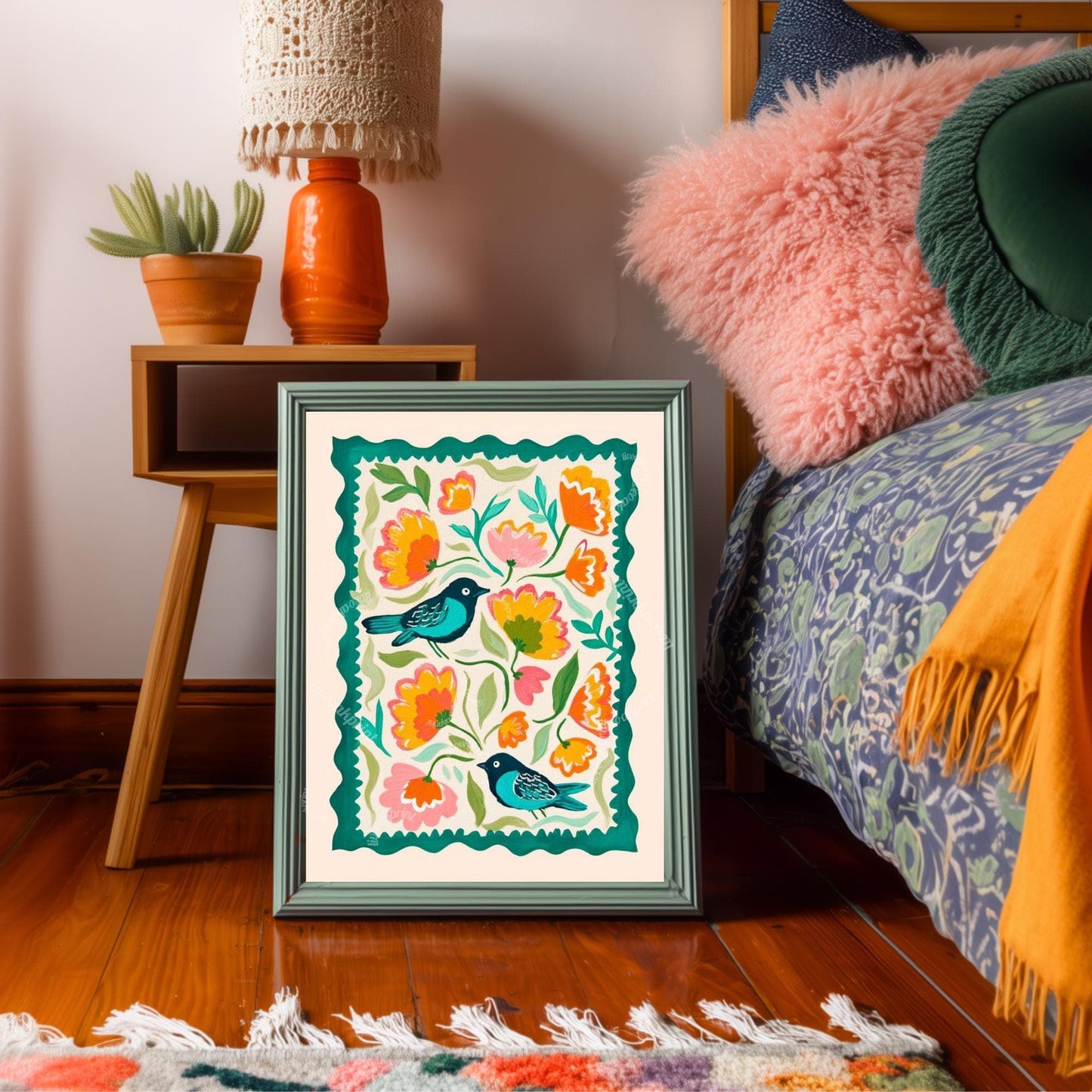 Bird Wall Art – Colorful Folk Art Floral Print – Funky Bird Wall Decor - Blue Wall Art For Kitchen