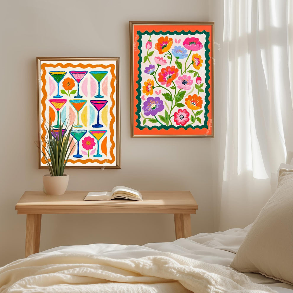 Cocktail Wall Art – Colorful Folk Art Drink Print – Maximalist Retro Bar Cart Decor and Funky Kitchen Décor