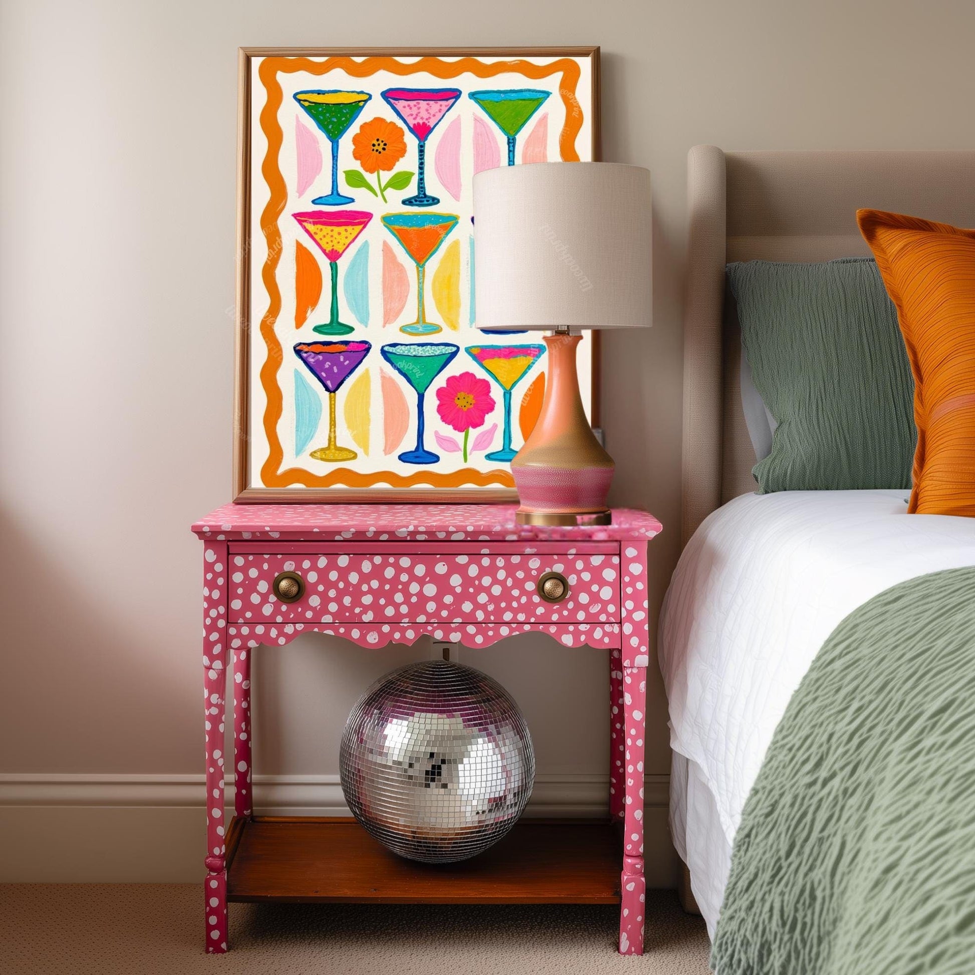 Cocktail Wall Art – Colorful Folk Art Drink Print – Maximalist Retro Bar Cart Decor and Funky Kitchen Décor