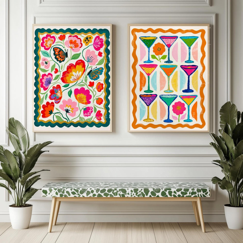 Cocktail Wall Art – Colorful Folk Art Drink Print – Maximalist Retro Bar Cart Decor and Funky Kitchen Décor