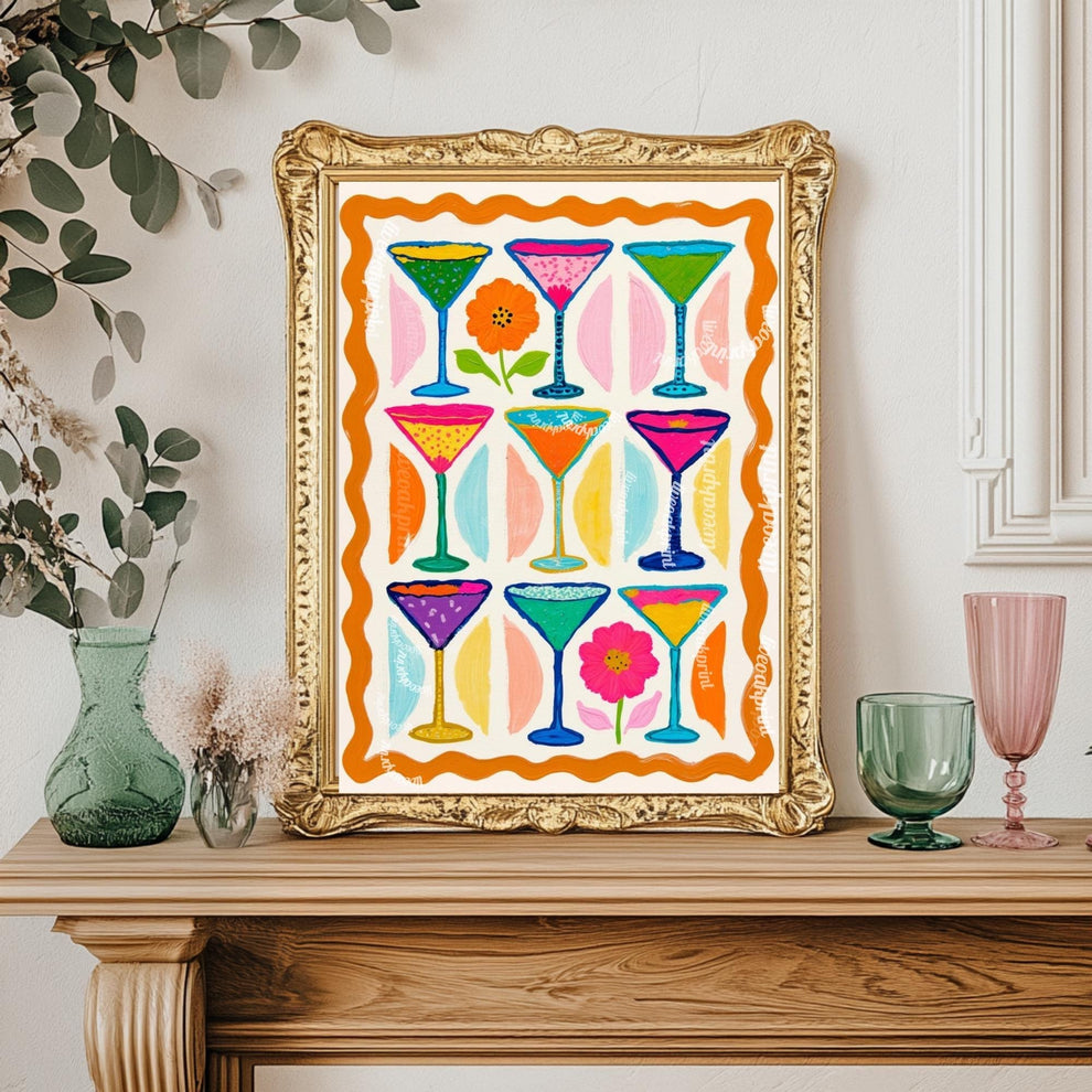 Cocktail Wall Art – Colorful Folk Art Drink Print – Maximalist Retro Bar Cart Decor and Funky Kitchen Décor