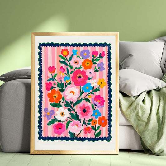 Pink and Navy Floral Wall Art - Retro Floral Art Print - Midcentury Modern Home Decor Wall Art for Living Room