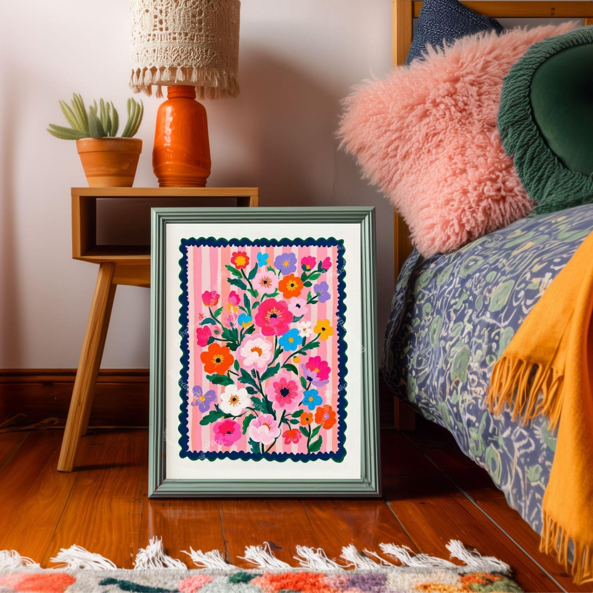 Pink and Navy Floral Wall Art - Retro Floral Art Print - Midcentury Modern Home Decor Wall Art for Living Room