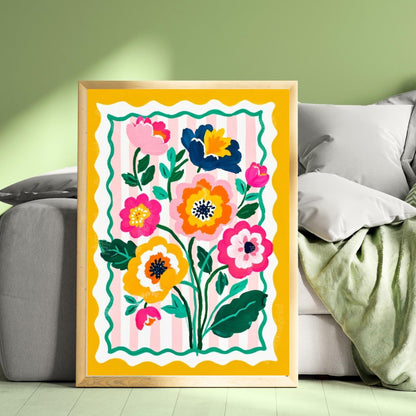 Yellow Floral Wall Art - Retro Floral Art Print - Midcentury Modern Home Decor Wall Art for Living Room