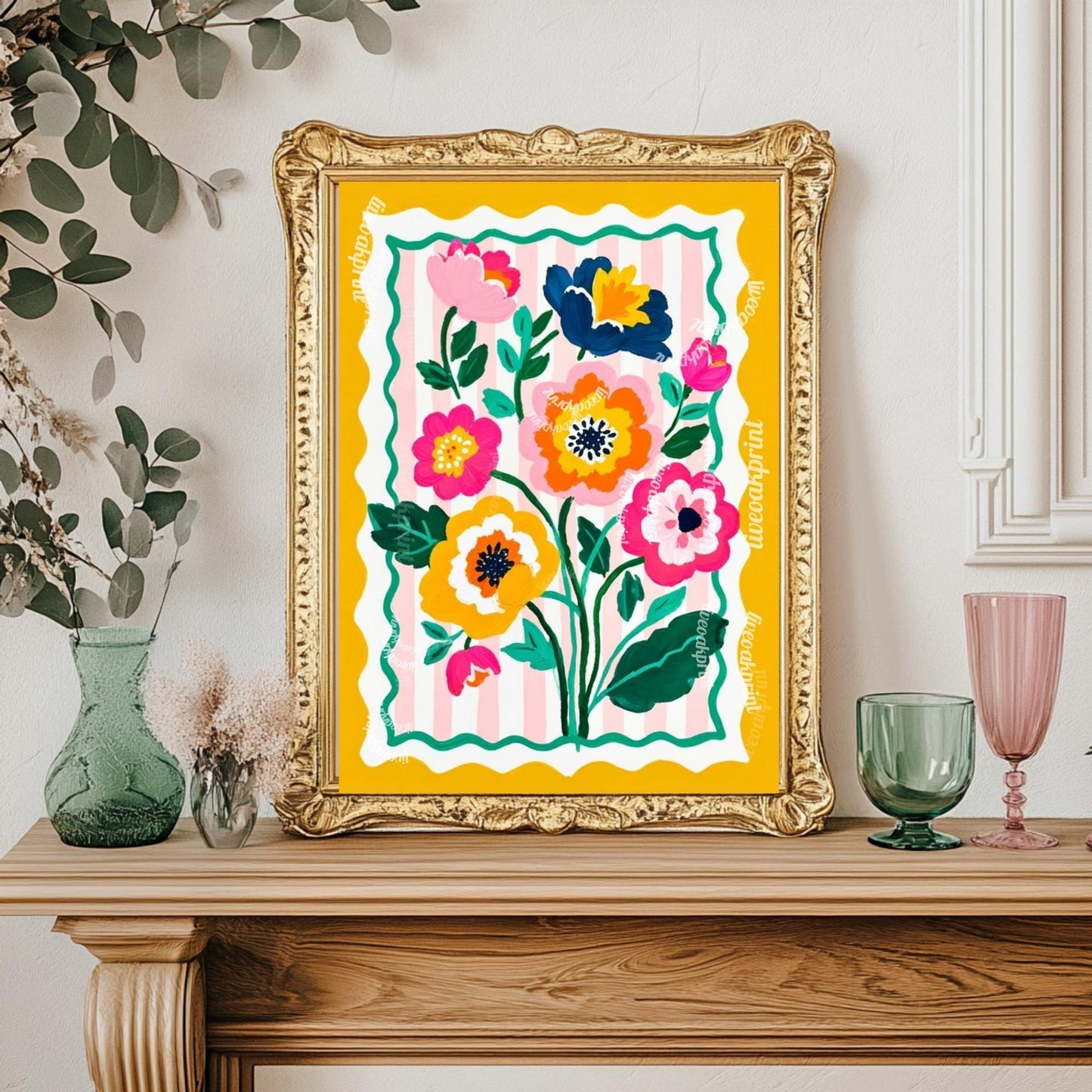 Yellow Floral Wall Art - Retro Floral Art Print - Midcentury Modern Home Decor Wall Art for Living Room