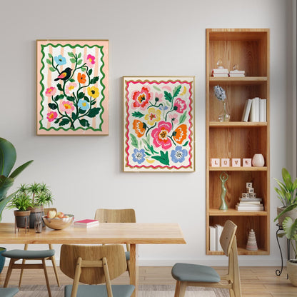 Bird and Flowers Wall Art - Retro Floral Art Print - Midcentury Modern Home Decor Wall Art for Living Room