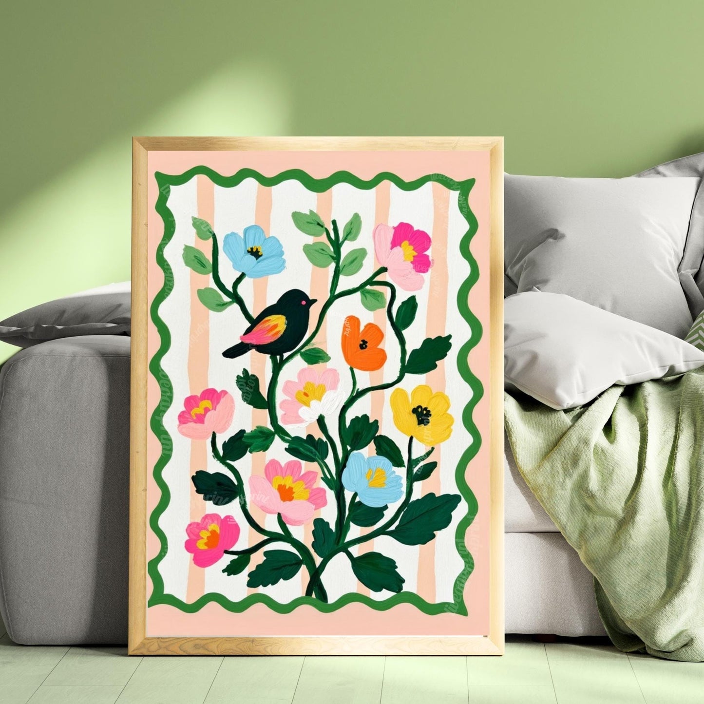 Bird and Flowers Wall Art - Retro Floral Art Print - Midcentury Modern Home Decor Wall Art for Living Room