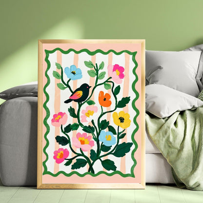 Bird and Flowers Wall Art - Retro Floral Art Print - Midcentury Modern Home Decor Wall Art for Living Room
