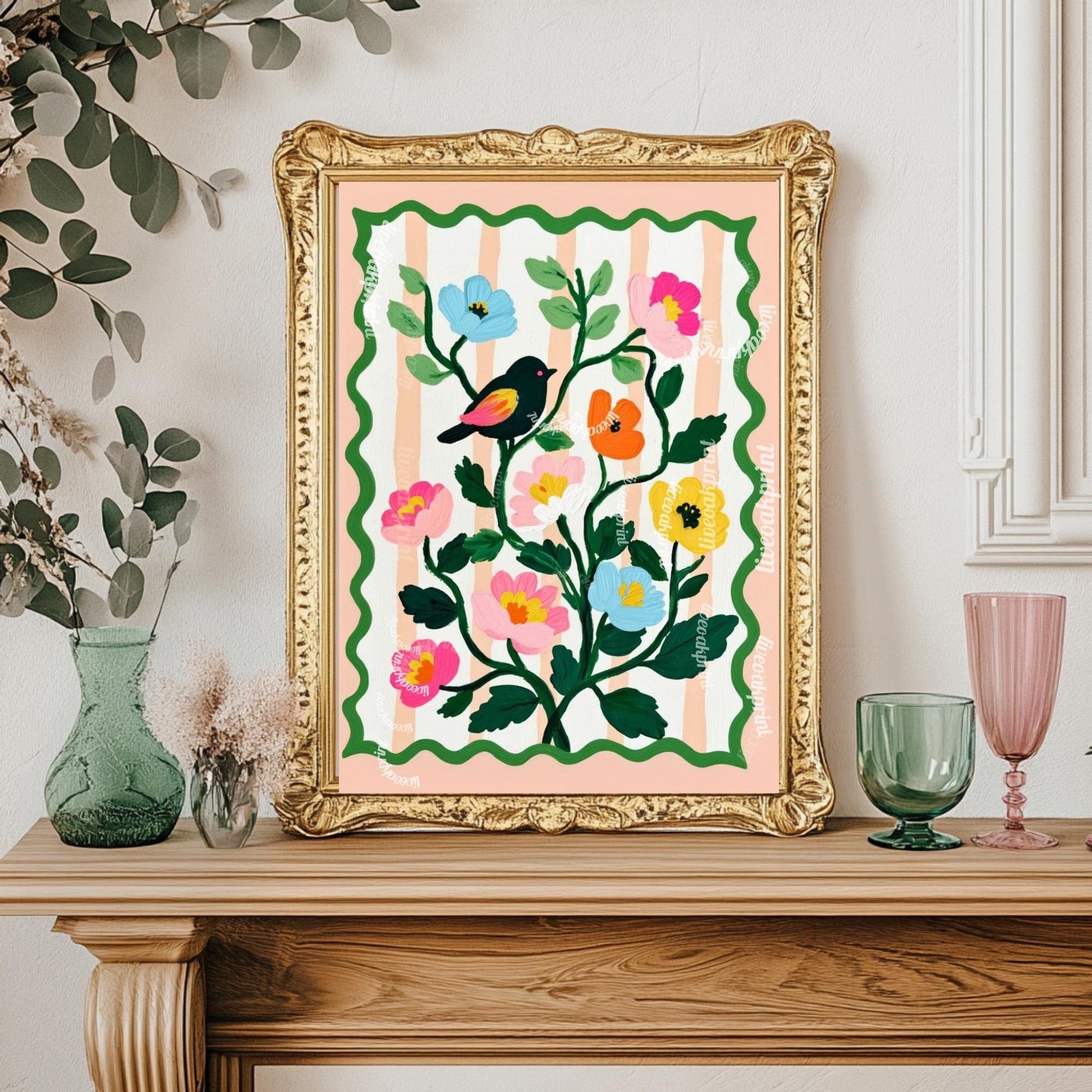 Bird and Flowers Wall Art - Retro Floral Art Print - Midcentury Modern Home Decor Wall Art for Living Room