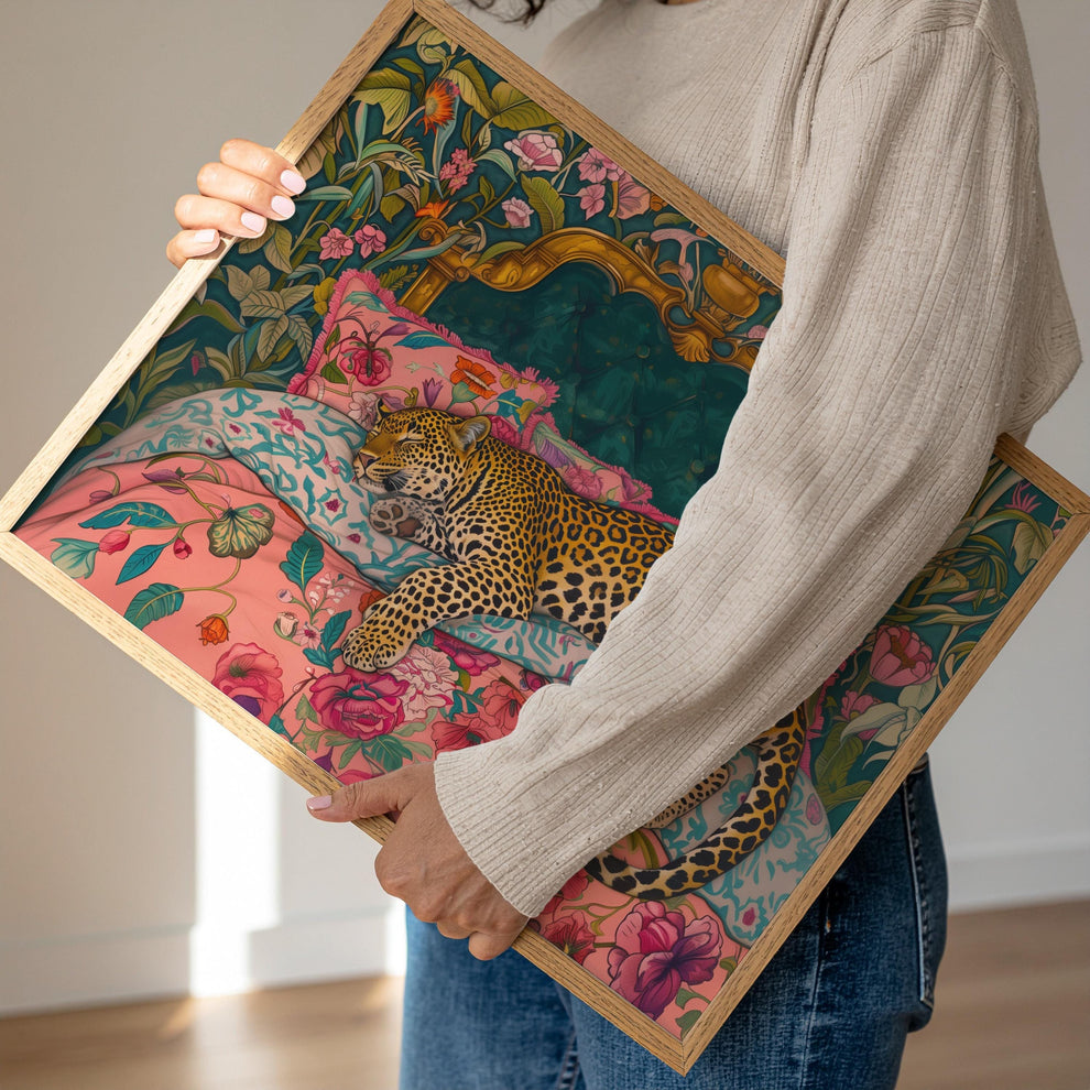 Sleepy Leopard in a Vintage Bed - Wall Art