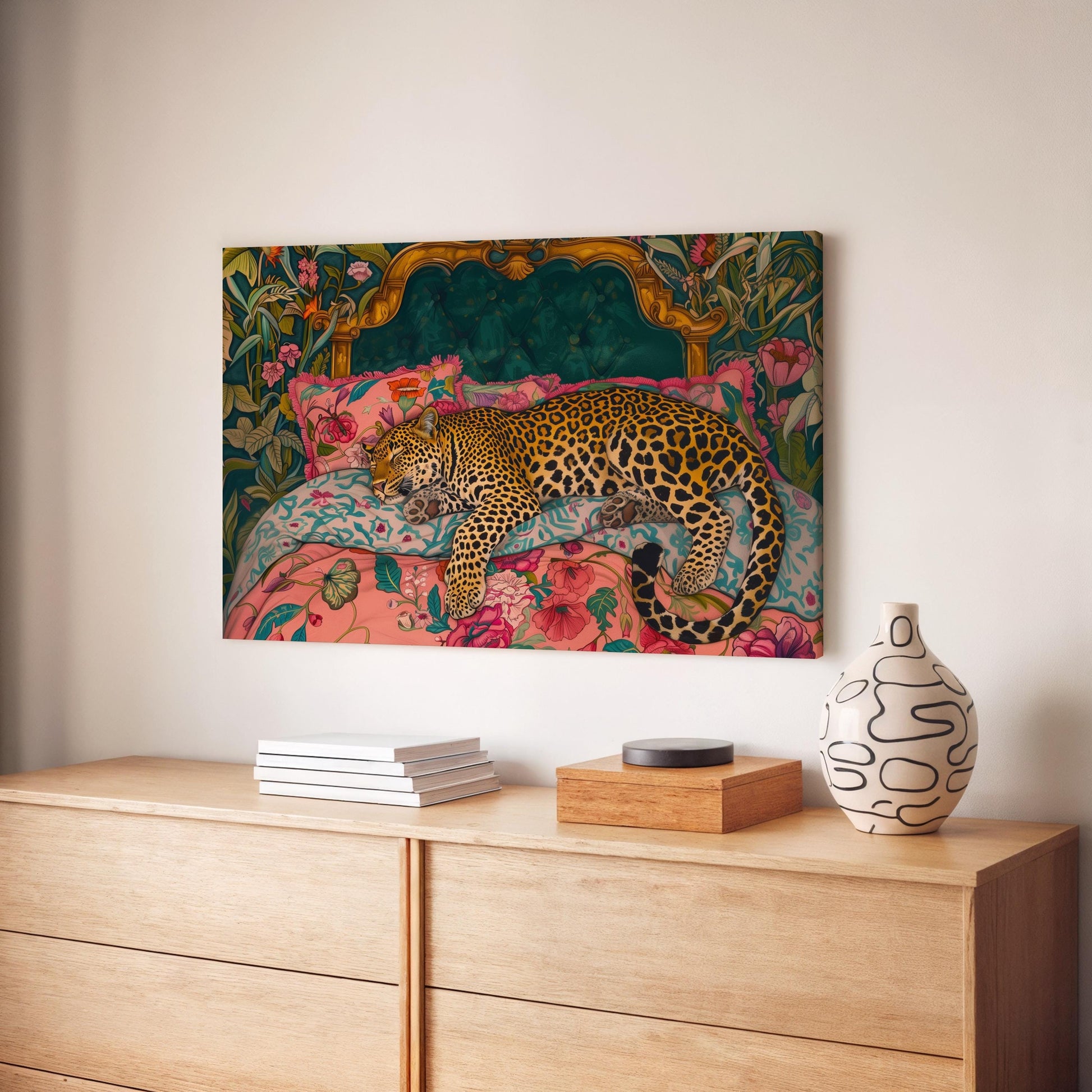 Sleepy Leopard in a Vintage Bed Print