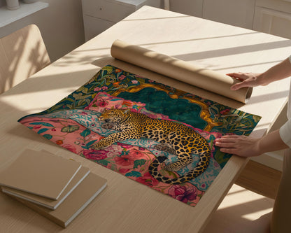 Sleepy Leopard in a Vintage Bed - Wall Art