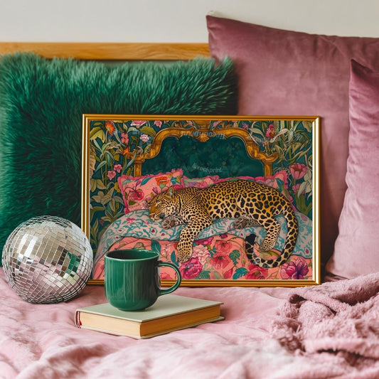 Sleepy Leopard in a Vintage Bed Print