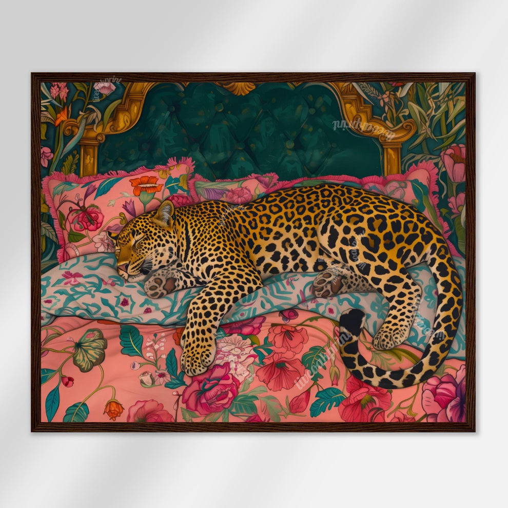 Sleepy Leopard in a Vintage Bed - Wall Art