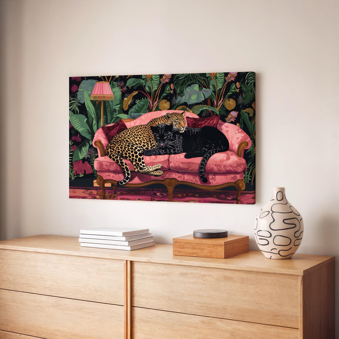 Snuggly Leopard and Black Panther In a Vintage Couch