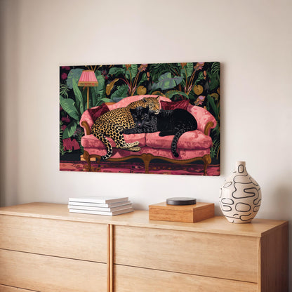 Snuggly Leopard and Black Panther In a Vintage Couch