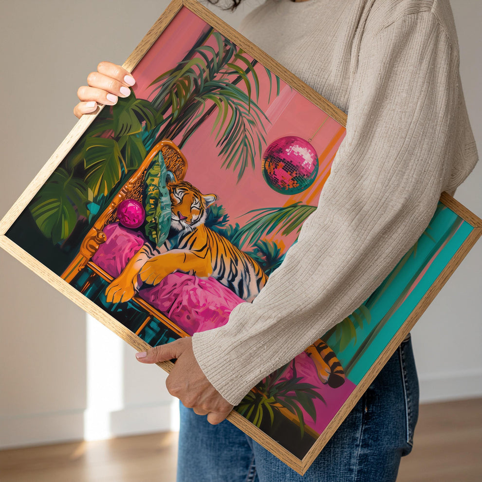 Tiger Sleeping Under A Disco Ball - Horizontal Wall Art