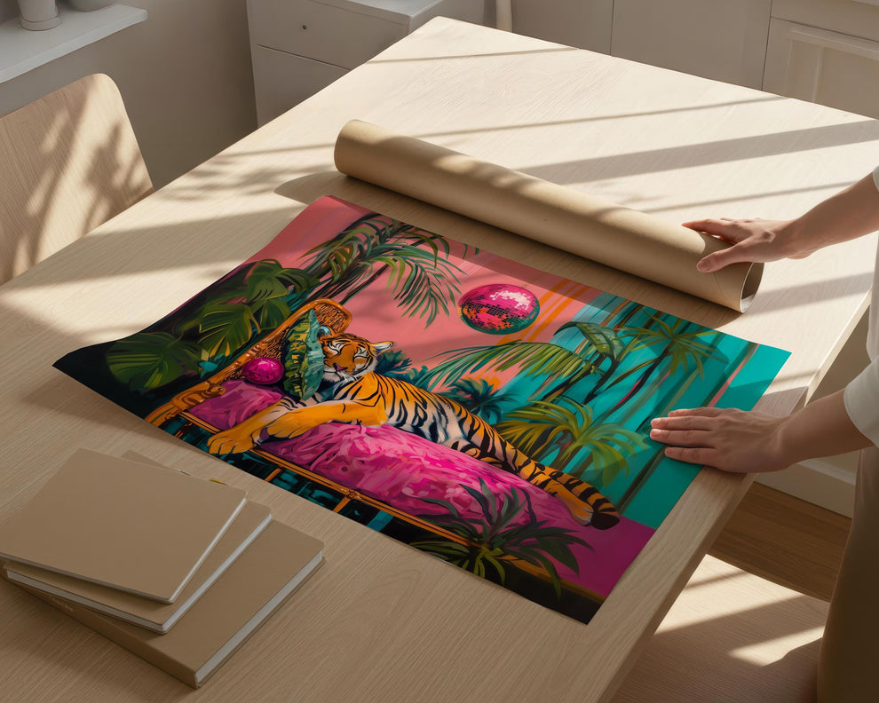 Tiger Sleeping Under A Disco Ball - Horizontal Wall Art