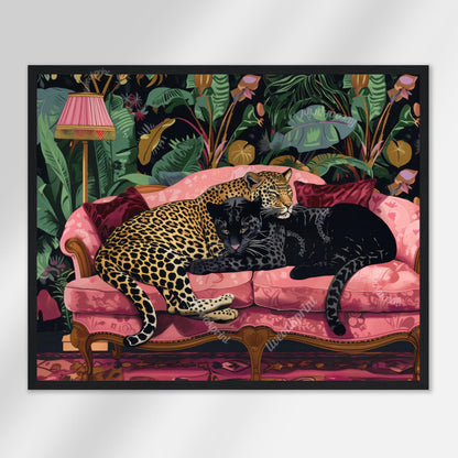 Snuggly Leopard and Black Panther In a Vintage Couch