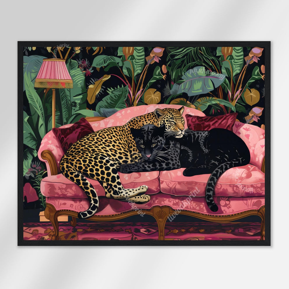 Snuggly Leopard and Black Panther In a Vintage Couch