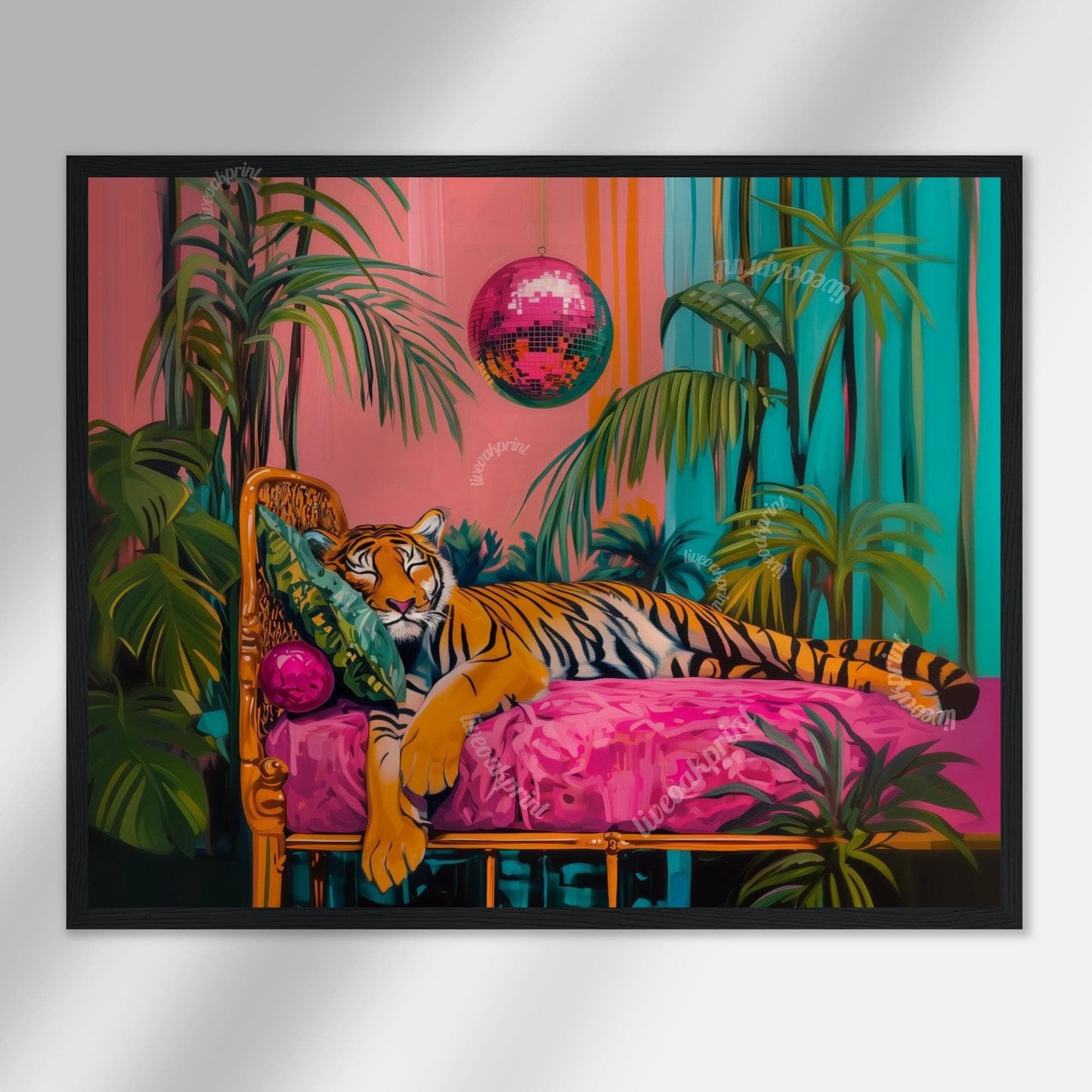 Tiger Sleeping Under A Disco Ball - Horizontal Wall Art