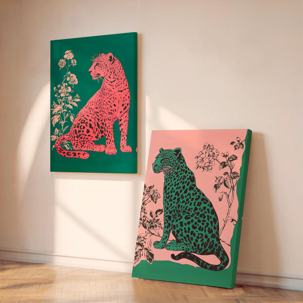 Emerald Leopard and Pink Leopard Art Set of Two Prints