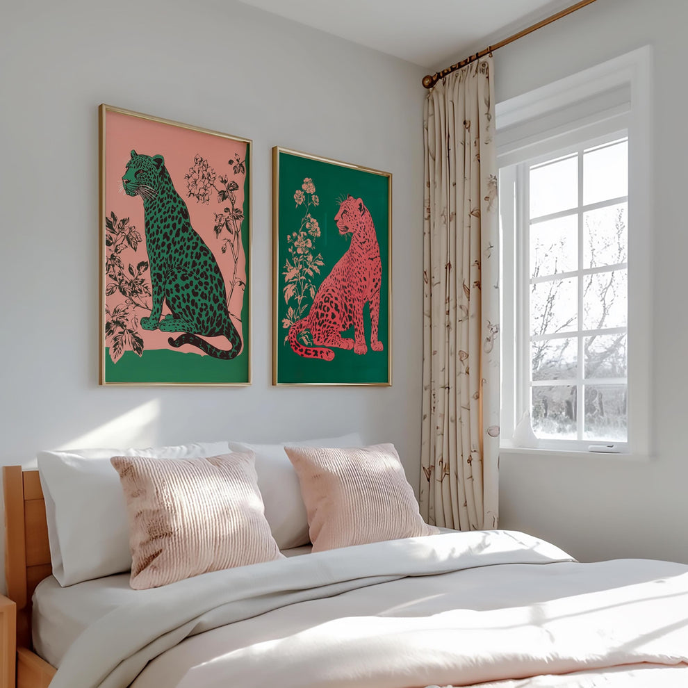 Emerald Leopard and Pink Leopard Art Set of Two Prints