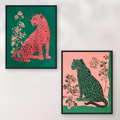 Emerald Leopard and Pink Leopard Art Set of Two Prints