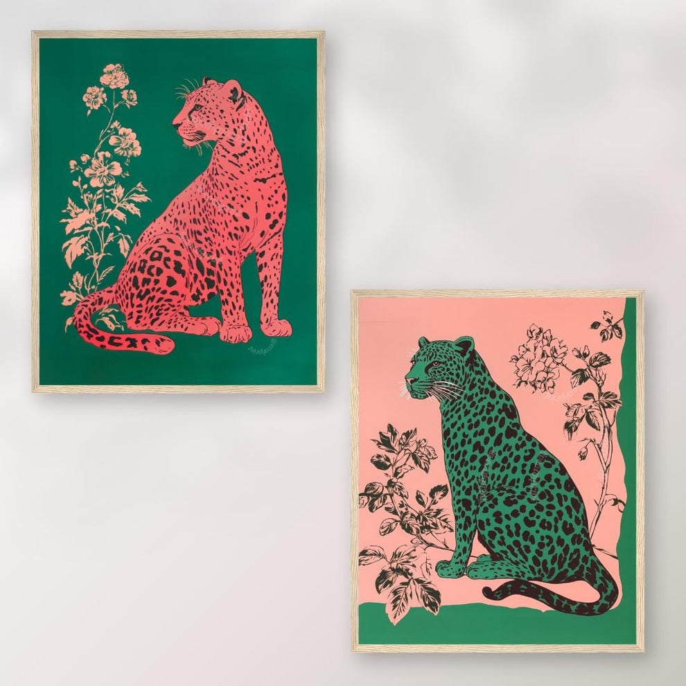Emerald Leopard and Pink Leopard Art Set of Two Prints
