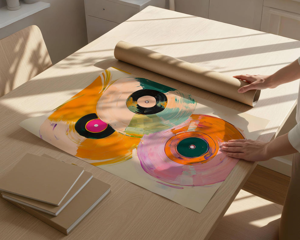 Horizontal Retro Vinyl Painting: Over Couch Wall Art For Music Room Record Decor