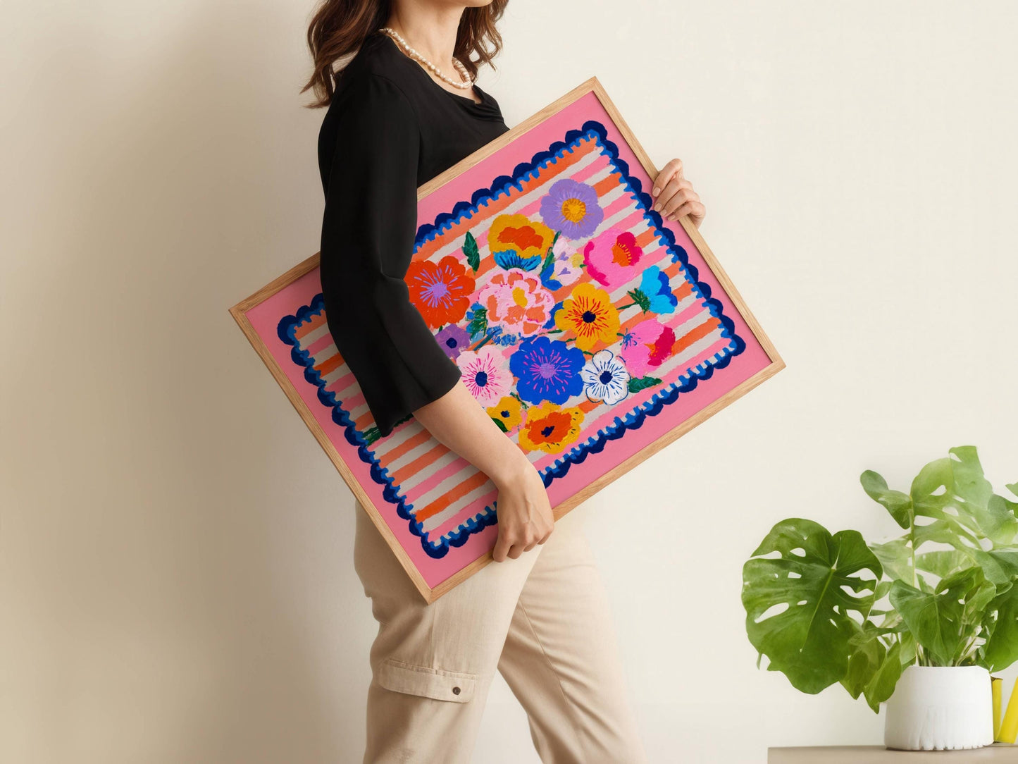 Cheerful Pink Floral Wall Art – Bright Bold Bouquet with Stripes, Colorful Maximalist Flower Print for Bedroom, Gallery Wall Modern Retro