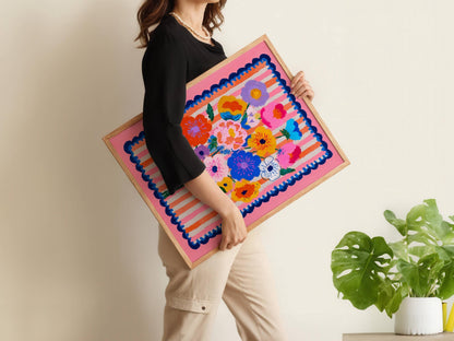 Cheerful Pink Floral Wall Art – Bright Bold Bouquet with Stripes, Colorful Maximalist Flower Print for Bedroom, Gallery Wall Modern Retro