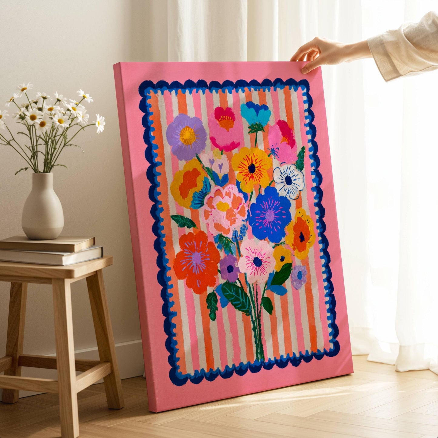 Cheerful Pink Floral Wall Art – Bright Bold Bouquet with Stripes, Colorful Maximalist Flower Print for Bedroom, Gallery Wall Modern Retro