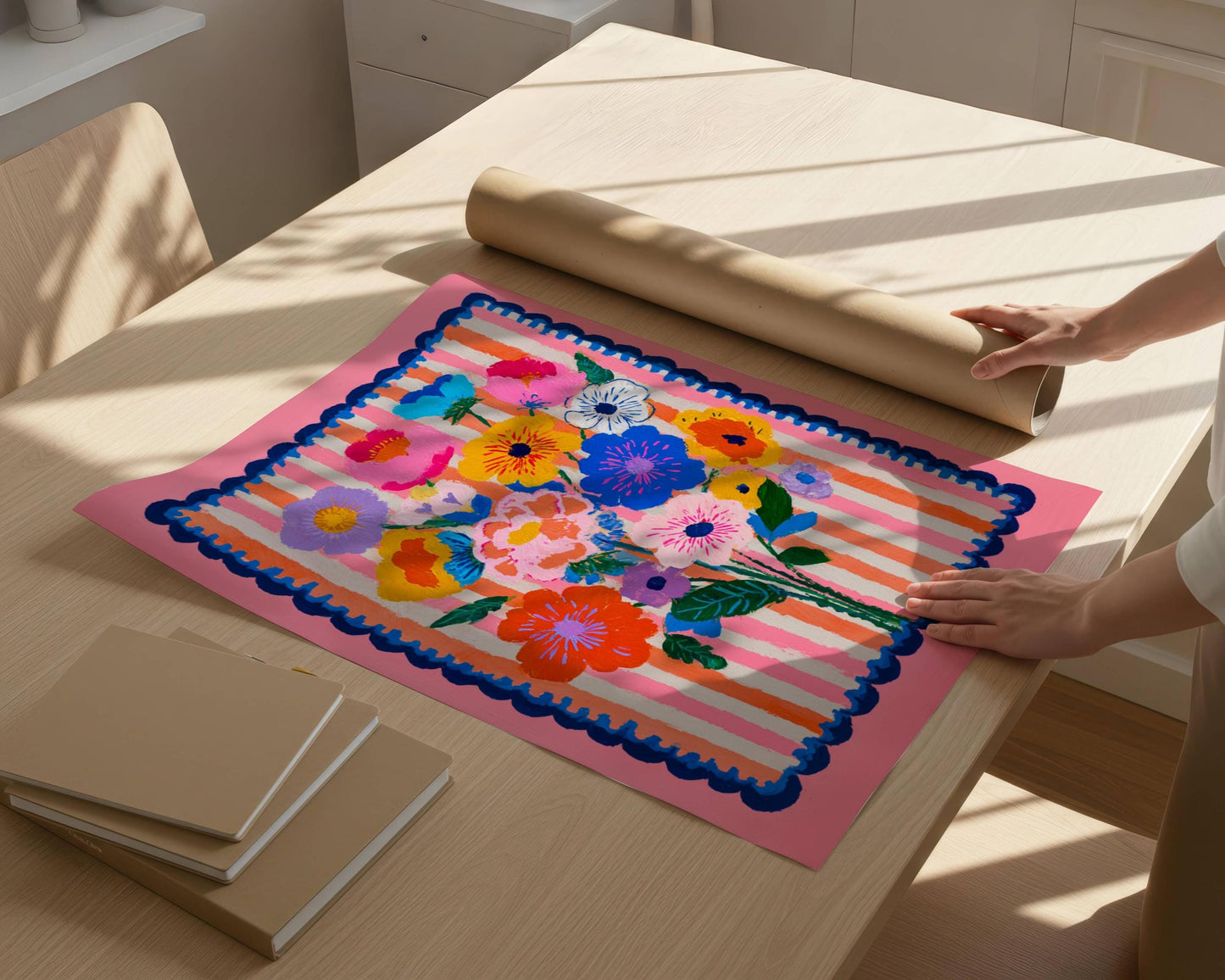 Cheerful Pink Floral Wall Art – Bright Bold Bouquet with Stripes, Colorful Maximalist Flower Print for Bedroom, Gallery Wall Modern Retro