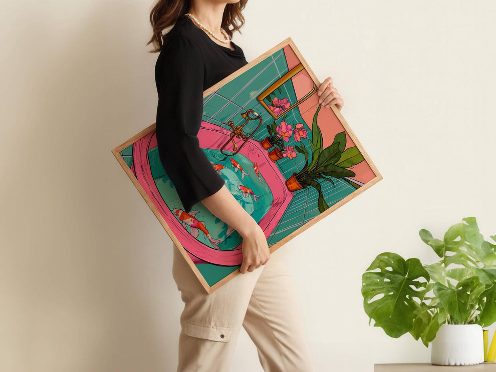 Koi Fish Swimming in a Retro Bathtub Print