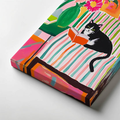 Tuxedo Cat Reading Print – Bookish Wall Art – Cozy Reading Nook Decor – Black and White Cat Art – Gift for Book Lovers – Dopamine Decor