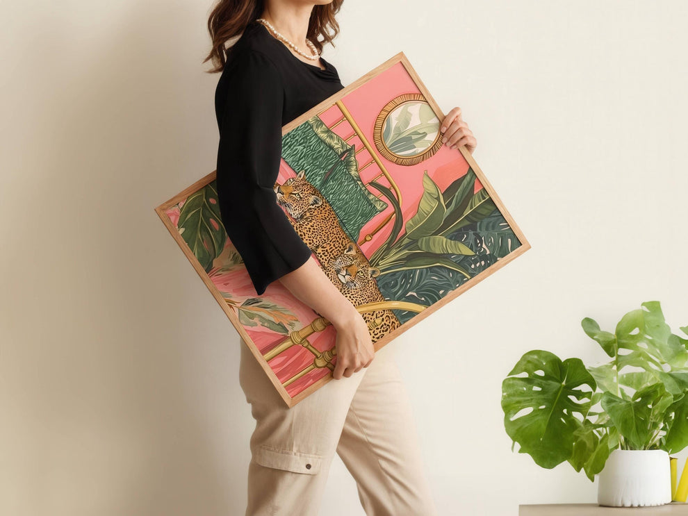 Leopard Bedroom Wall Art – Tropical Cat Print – Jungle Bedroom Decor – Pink Maximalist Wall Art – Preppy Safari Animal Print Glam Home Decor