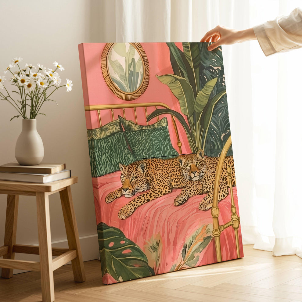 Leopard Bedroom Wall Art – Tropical Cat Print – Jungle Bedroom Decor – Pink Maximalist Wall Art – Preppy Safari Animal Print Glam Home Decor