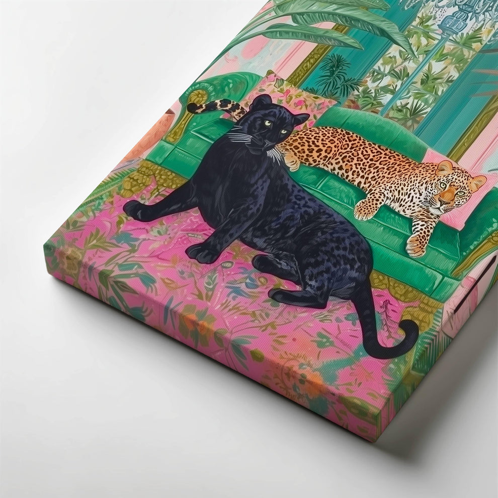 Panther and Leopard Wall Art – Jungle Glam Bedroom Decor – Pink and Green Maximalist Print – Bold Safari Animal Art – Tropical Cat Print